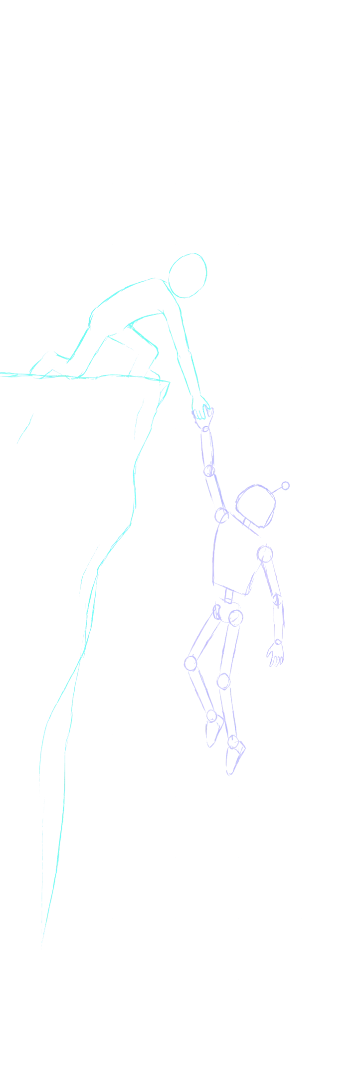 Sketch: a human at a cliff edge pulls a robot up by the hand