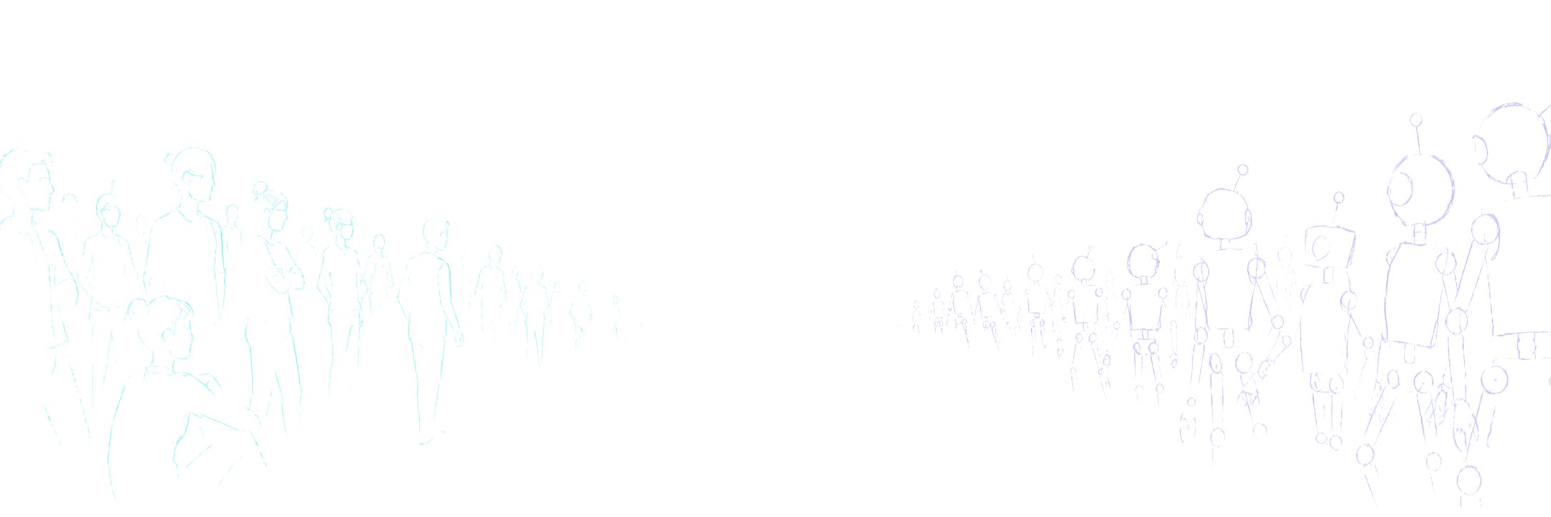 Two sketched crowds face each other across a gap: humans on the left, machines on the right